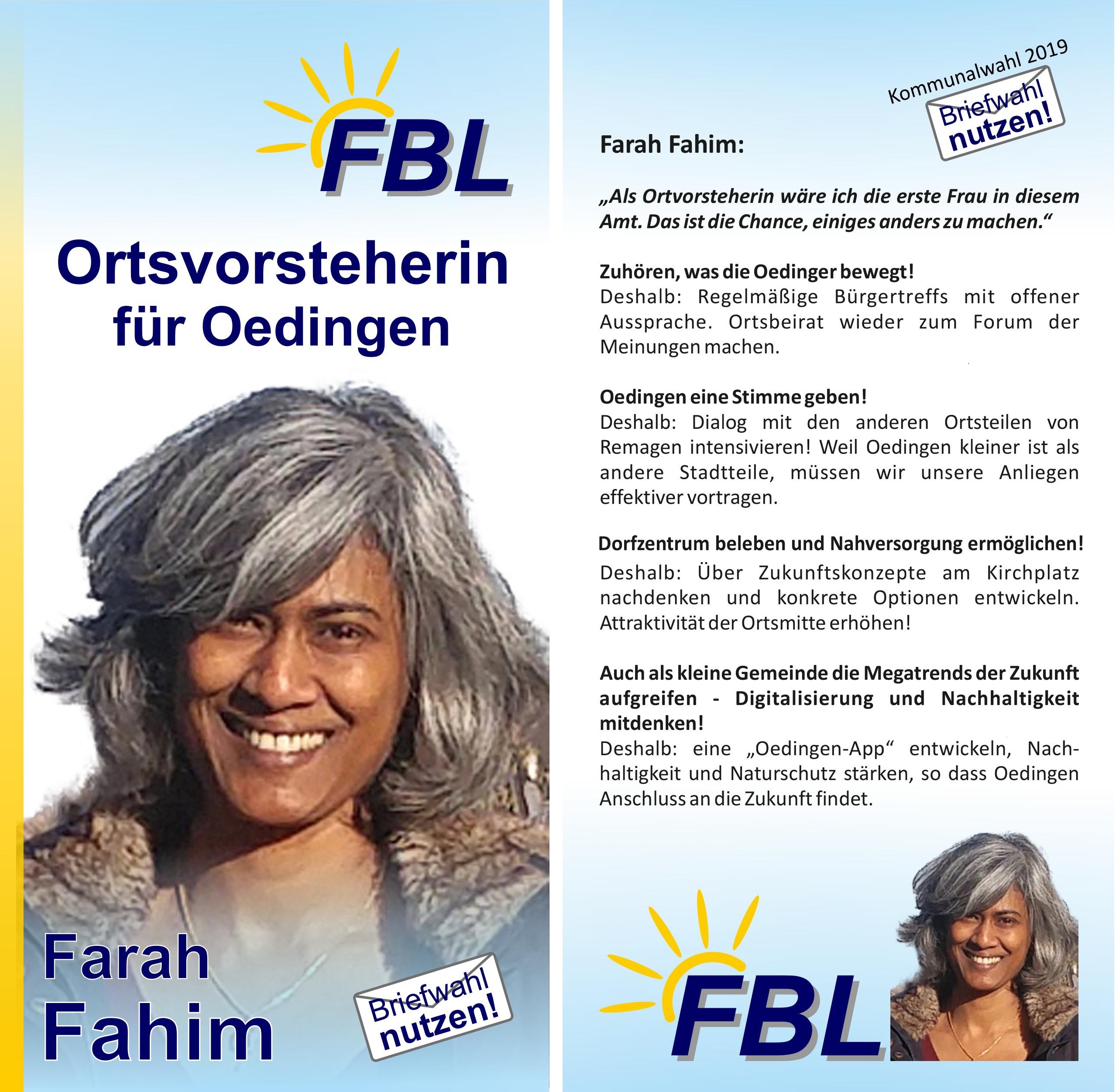 Alternativen für Oedingen! FBL-Kandidatin Farah Fahim stellt sich vor und skizziert die Zukunft des Remagener Stadtteils.